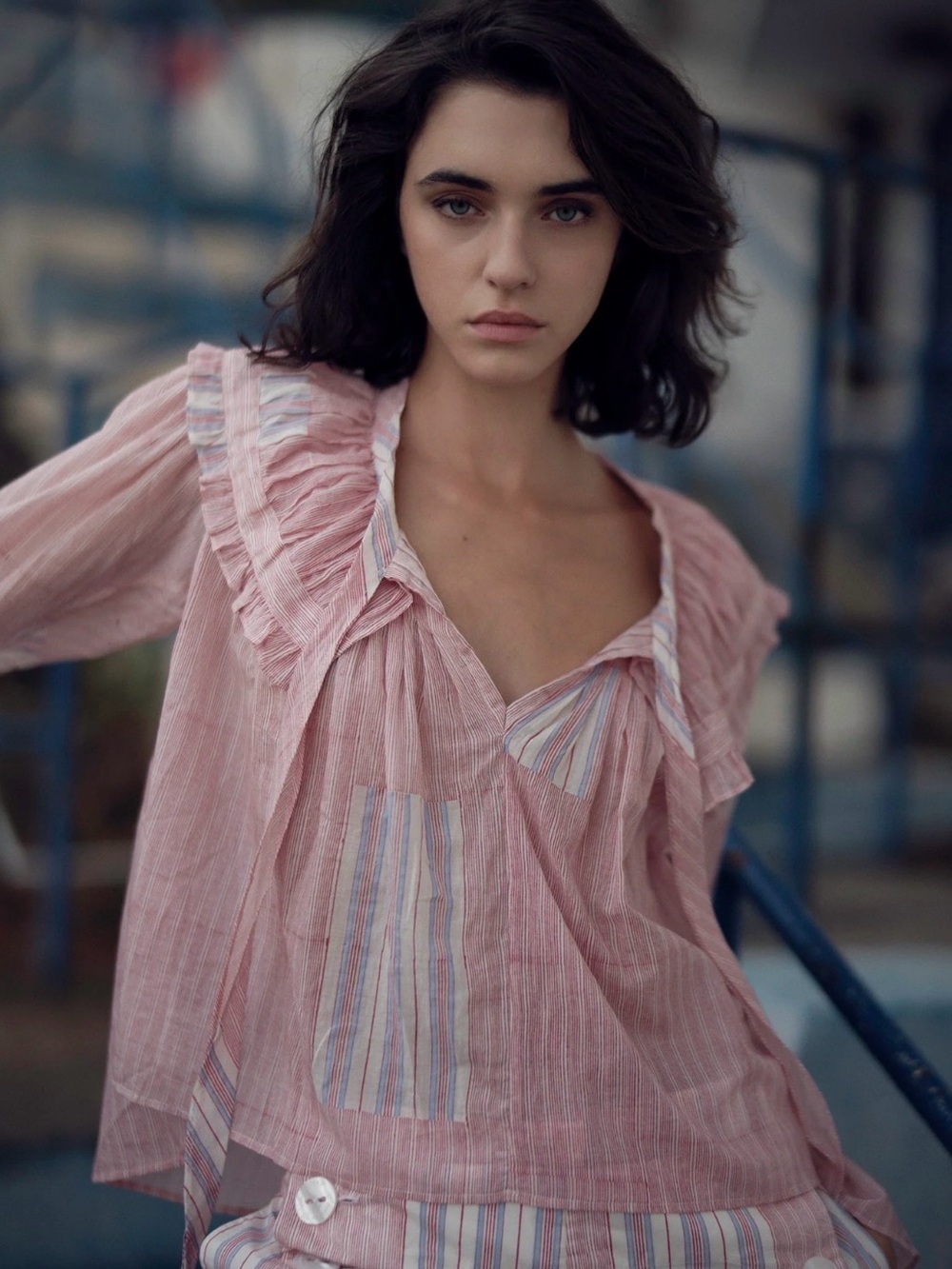 Thierry Colson Cotton Dauphine Top Size M - Soft Pink with Subtle Stripes